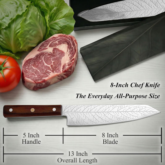 8-Inch Leaf‑etched Chef Knife – Deep Electro‑etched Leaf Pattern with 3D Air‑Pocket Design, Premium Stainless Steel Blade & Ergonomic Wood Handle for Kitchen Cooking Gift Red