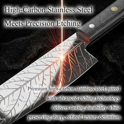 8-Inch Leaf‑etched Chef Knife – Deep Electro‑etched Leaf Pattern with 3D Air‑Pocket Design, Premium Stainless Steel Blade & Ergonomic Wood Handle for Kitchen Cooking Gift Red