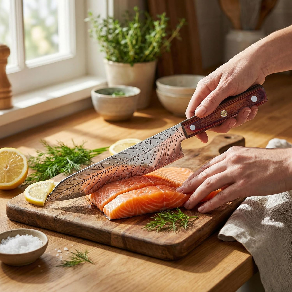 8-Inch Leaf‑etched Chef Knife – Deep Electro‑etched Leaf Pattern with 3D Air‑Pocket Design, Premium Stainless Steel Blade & Ergonomic Wood Handle for Kitchen Cooking Gift Red