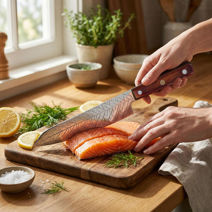 8-Inch Leaf‑etched Chef Knife – Deep Electro‑etched Leaf Pattern with 3D Air‑Pocket Design, Premium Stainless Steel Blade & Ergonomic Wood Handle for Kitchen Cooking Gift Red