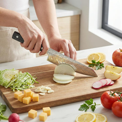 8-Inch Leaf‑etched Chef Knife – Deep Electro‑etched Leaf Pattern with 3D Air‑Pocket Design, Premium Stainless Steel Blade & Ergonomic Wood Handle for Kitchen Cooking Gift Red