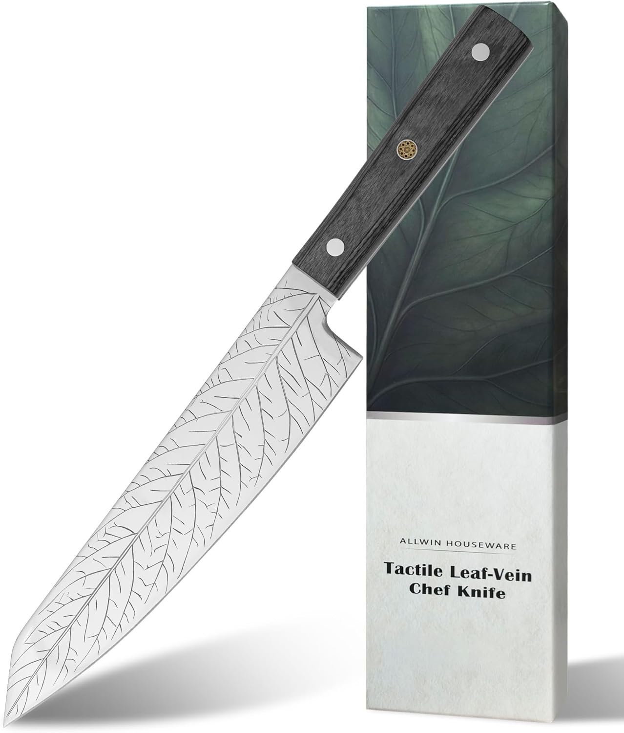 8-Inch Leaf‑etched Chef Knife – Deep Electro‑etched Leaf Pattern with 3D Air‑Pocket Design, Premium Stainless Steel Blade & Ergonomic Wood Handle for Kitchen Cooking Gift Red