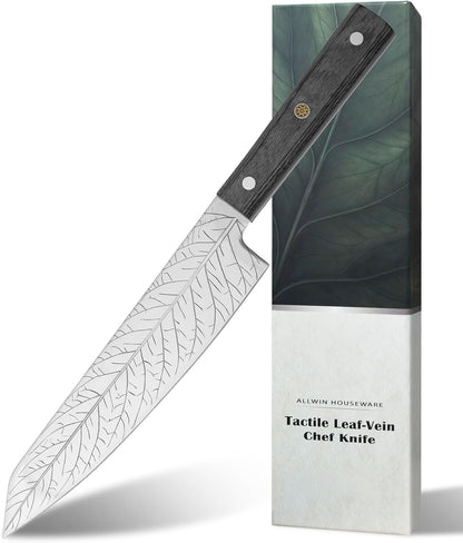 8-Inch Leaf‑etched Chef Knife – Deep Electro‑etched Leaf Pattern with 3D Air‑Pocket Design, Premium Stainless Steel Blade & Ergonomic Wood Handle for Kitchen Cooking Gift Red