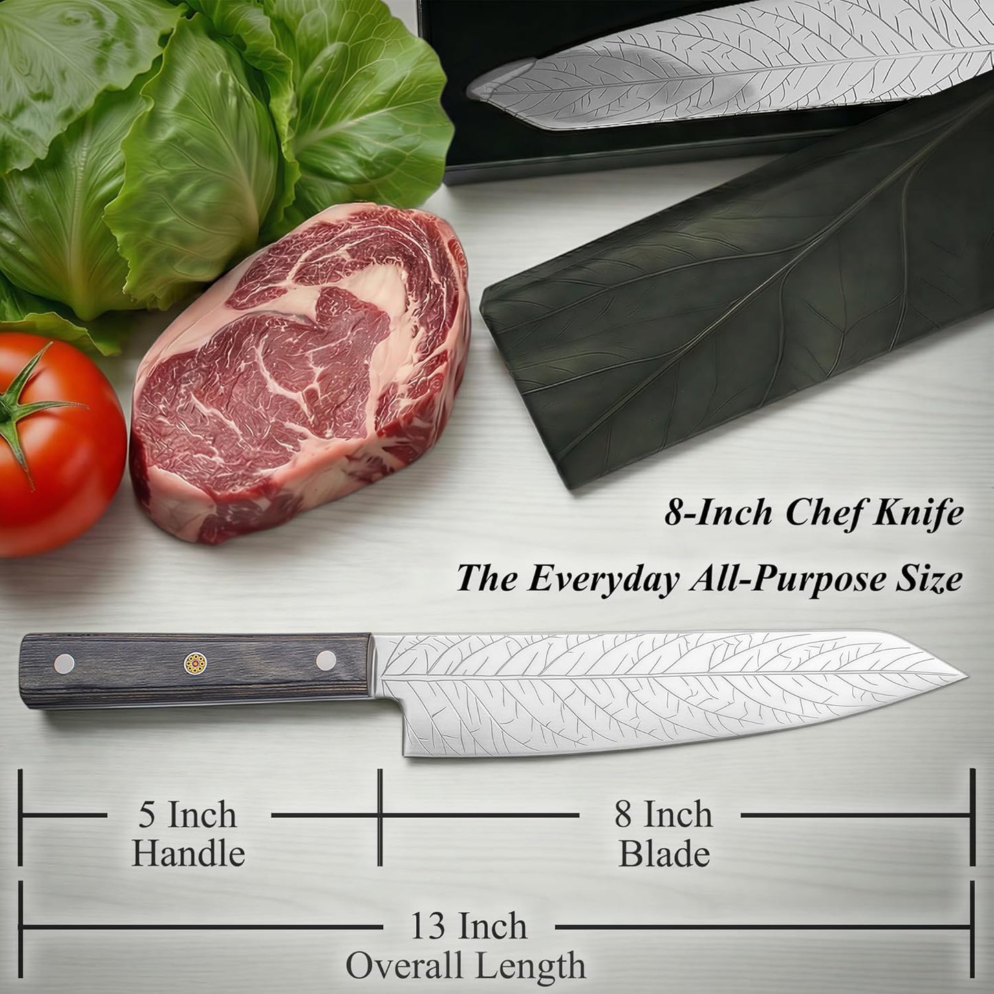 8-Inch Leaf‑etched Chef Knife – Deep Electro‑etched Leaf Pattern with 3D Air‑Pocket Design, Premium Stainless Steel Blade & Ergonomic Wood Handle for Kitchen Cooking Gift Red