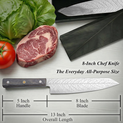 8-Inch Leaf‑etched Chef Knife – Deep Electro‑etched Leaf Pattern with 3D Air‑Pocket Design, Premium Stainless Steel Blade & Ergonomic Wood Handle for Kitchen Cooking Gift Red