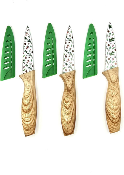 3-Piece Holiday Paring Knife Set, 3.5" Stainless Steel Blades with Festive Prints & Matching Blade Guards, Perfect for Seasonal Cooking, Gift Giving, and Holiday Kitchen Prep