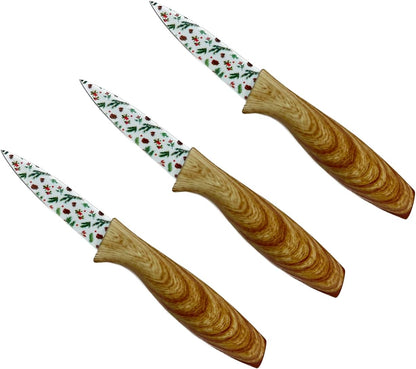3-Piece Holiday Paring Knife Set, 3.5" Stainless Steel Blades with Festive Prints & Matching Blade Guards, Perfect for Seasonal Cooking, Gift Giving, and Holiday Kitchen Prep