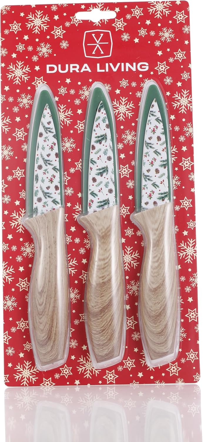 3-Piece Holiday Paring Knife Set, 3.5" Stainless Steel Blades with Festive Prints & Matching Blade Guards, Perfect for Seasonal Cooking, Gift Giving, and Holiday Kitchen Prep