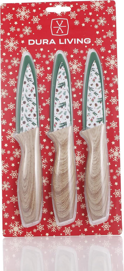 3-Piece Holiday Paring Knife Set, 3.5" Stainless Steel Blades with Festive Prints & Matching Blade Guards, Perfect for Seasonal Cooking, Gift Giving, and Holiday Kitchen Prep