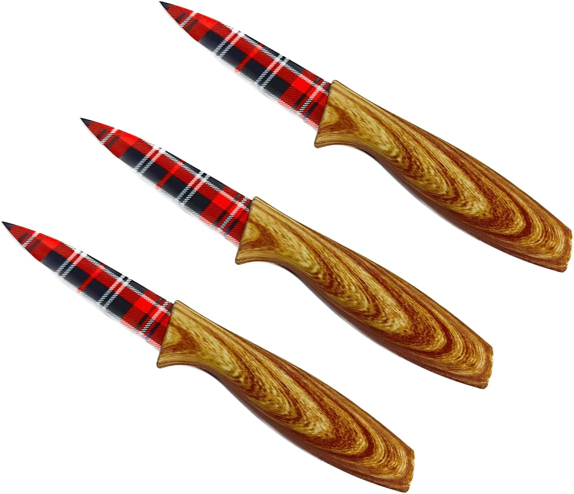 3-Piece Holiday Paring Knife Set, 3.5" Stainless Steel Blades with Festive Prints & Matching Blade Guards, Perfect for Seasonal Cooking, Gift Giving, and Holiday Kitchen Prep