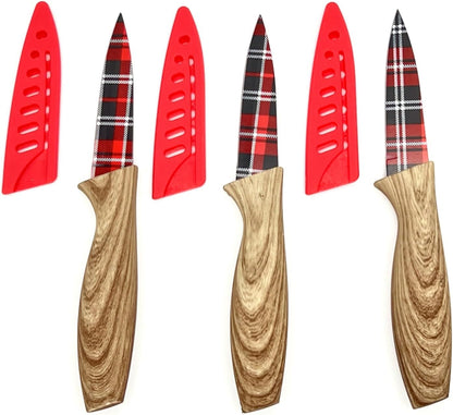 3-Piece Holiday Paring Knife Set, 3.5" Stainless Steel Blades with Festive Prints & Matching Blade Guards, Perfect for Seasonal Cooking, Gift Giving, and Holiday Kitchen Prep