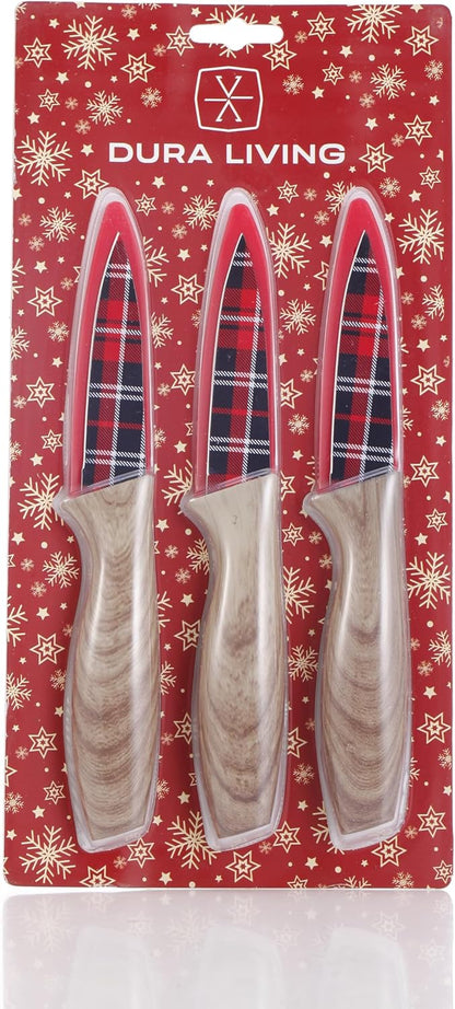 3-Piece Holiday Paring Knife Set, 3.5" Stainless Steel Blades with Festive Prints & Matching Blade Guards, Perfect for Seasonal Cooking, Gift Giving, and Holiday Kitchen Prep