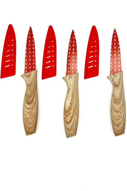 3-Piece Holiday Paring Knife Set, 3.5" Stainless Steel Blades with Festive Prints & Matching Blade Guards, Perfect for Seasonal Cooking, Gift Giving, and Holiday Kitchen Prep