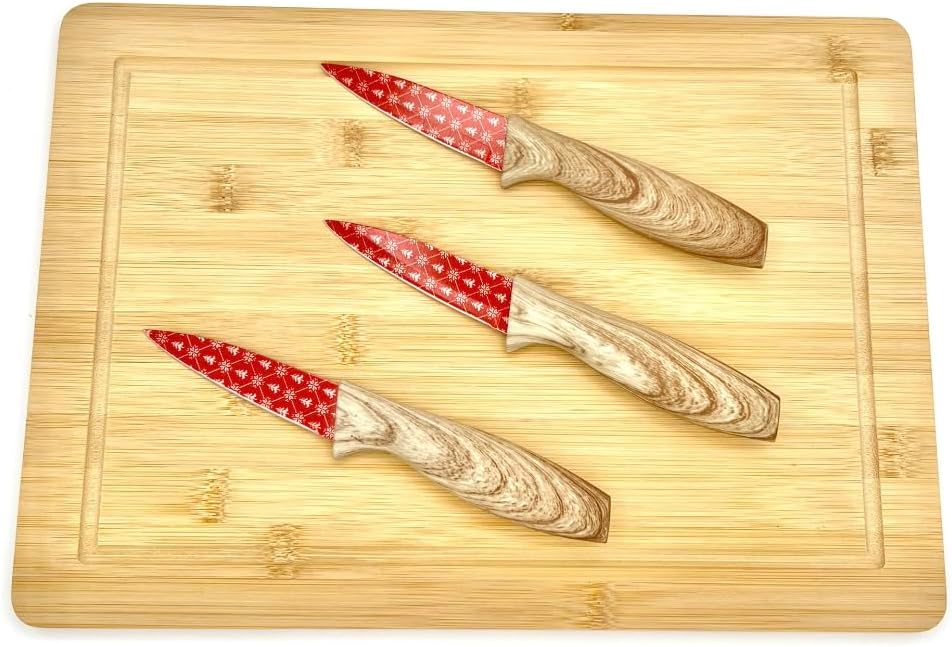 3-Piece Holiday Paring Knife Set, 3.5" Stainless Steel Blades with Festive Prints & Matching Blade Guards, Perfect for Seasonal Cooking, Gift Giving, and Holiday Kitchen Prep