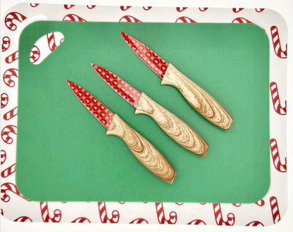 3-Piece Holiday Paring Knife Set, 3.5" Stainless Steel Blades with Festive Prints & Matching Blade Guards, Perfect for Seasonal Cooking, Gift Giving, and Holiday Kitchen Prep