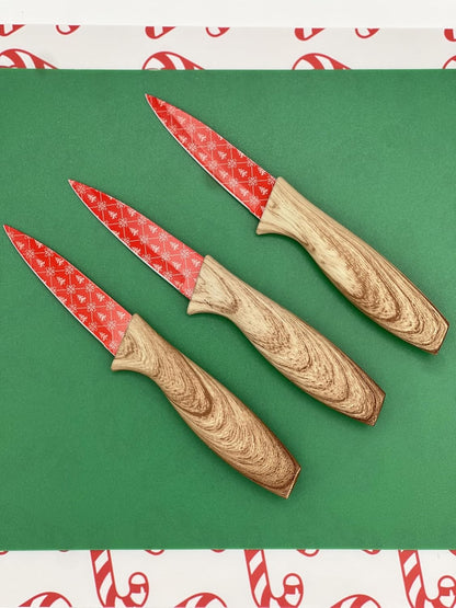 3-Piece Holiday Paring Knife Set, 3.5" Stainless Steel Blades with Festive Prints & Matching Blade Guards, Perfect for Seasonal Cooking, Gift Giving, and Holiday Kitchen Prep