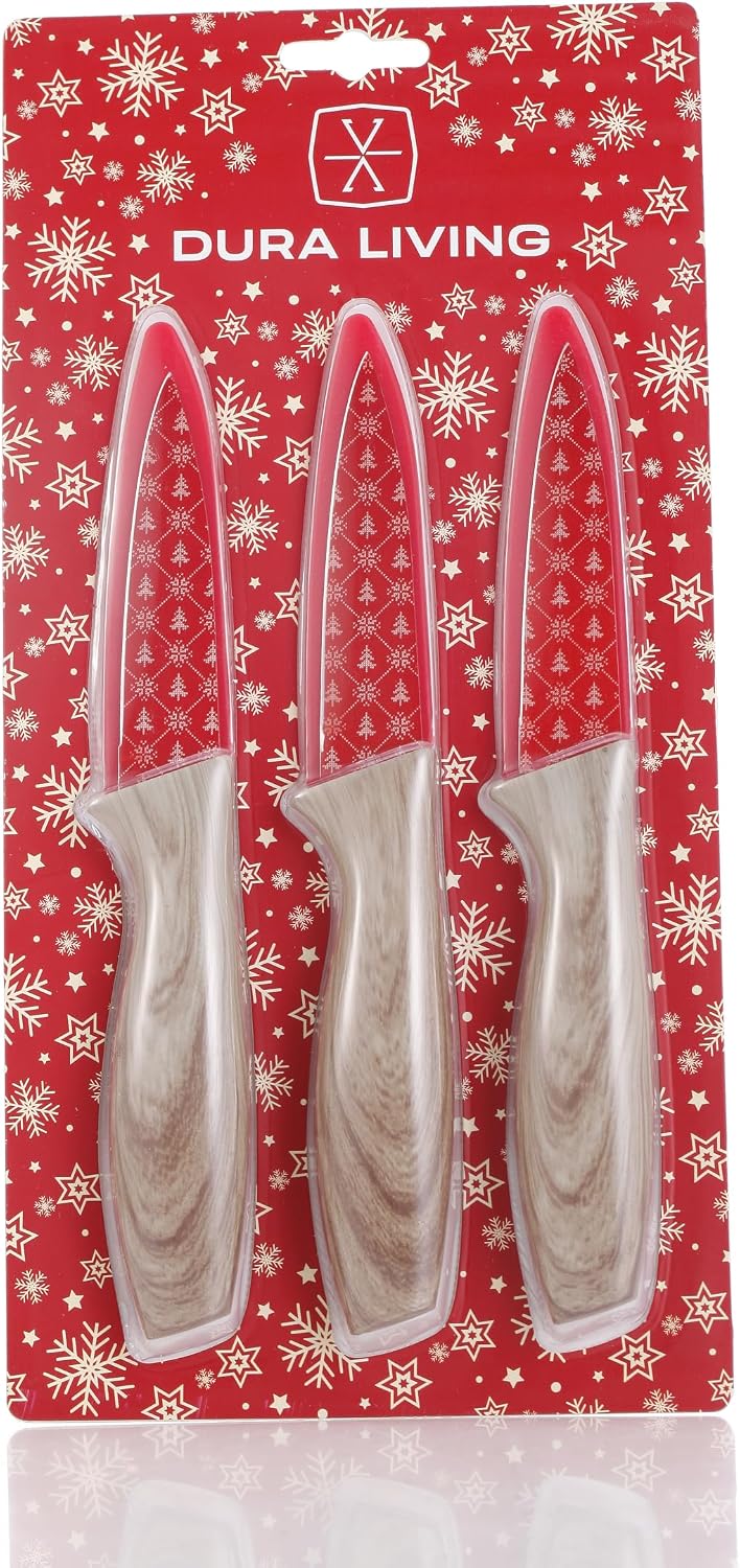 3-Piece Holiday Paring Knife Set, 3.5" Stainless Steel Blades with Festive Prints & Matching Blade Guards, Perfect for Seasonal Cooking, Gift Giving, and Holiday Kitchen Prep