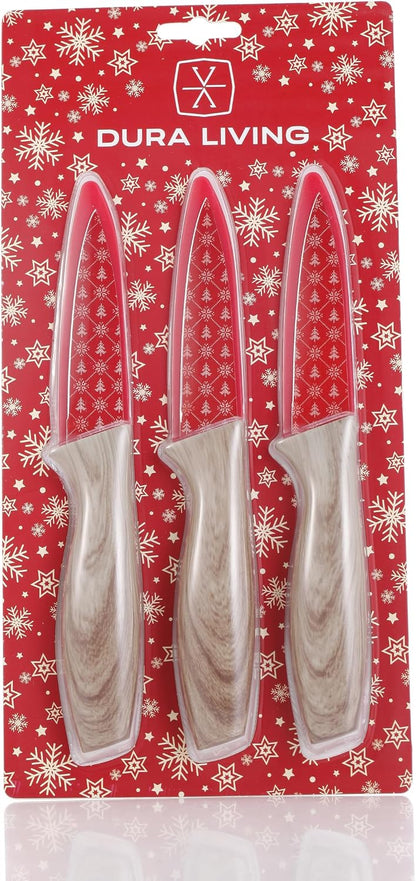 3-Piece Holiday Paring Knife Set, 3.5" Stainless Steel Blades with Festive Prints & Matching Blade Guards, Perfect for Seasonal Cooking, Gift Giving, and Holiday Kitchen Prep