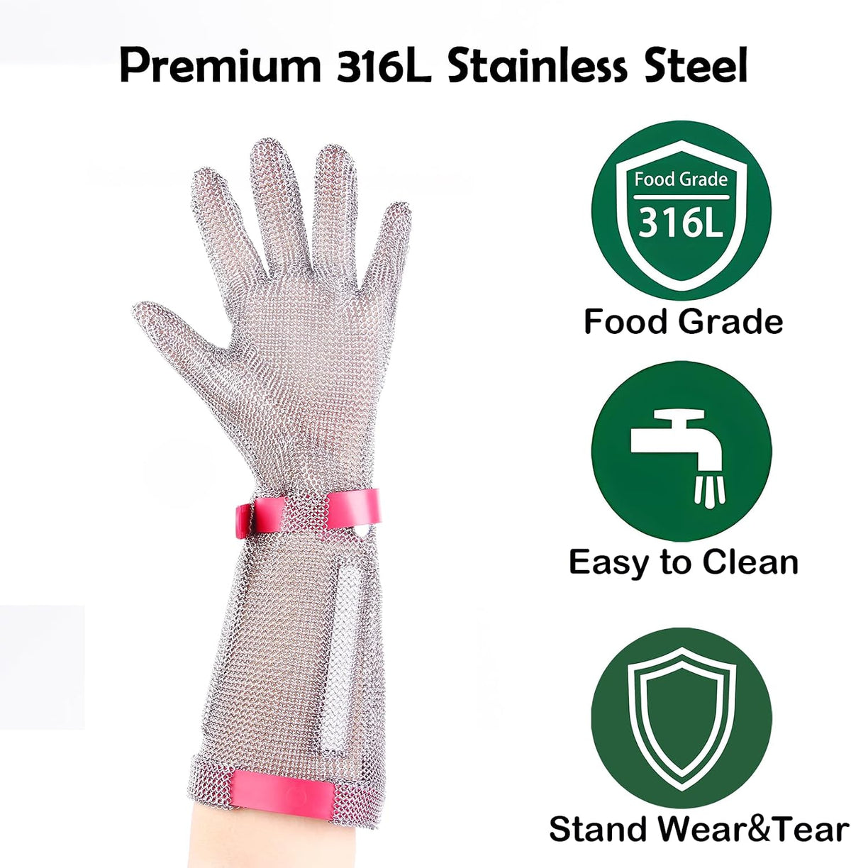 15cm Long Chainmail Glove for Butcher,Cut Resistant Glove,Plastic Strap(S) | 316L Stainless Steel Gloves Mesh Metal Glove,Food Grade Safety Work Cut Proof,Meat Cutting Wood processing