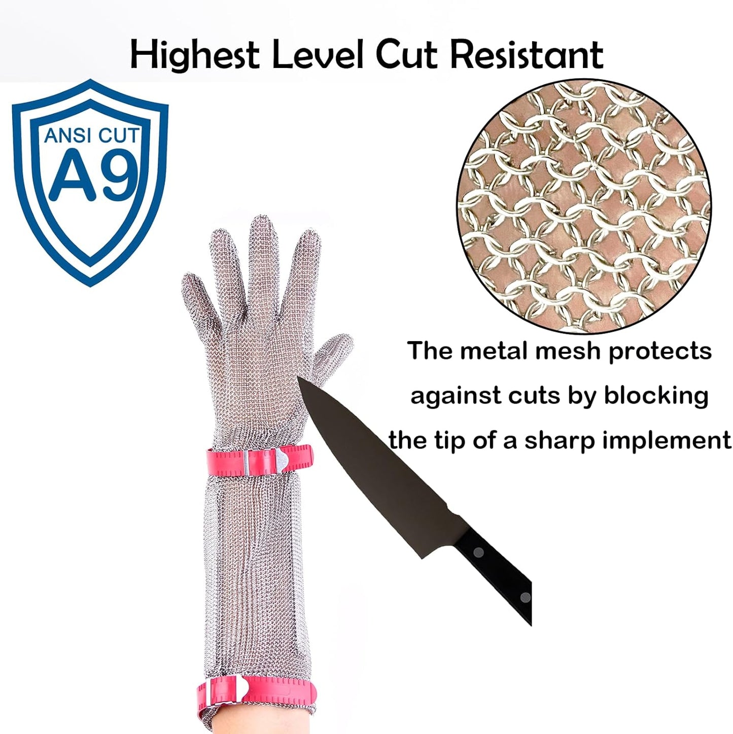 15cm Long Chainmail Glove for Butcher,Cut Resistant Glove,Plastic Strap(S) | 316L Stainless Steel Gloves Mesh Metal Glove,Food Grade Safety Work Cut Proof,Meat Cutting Wood processing