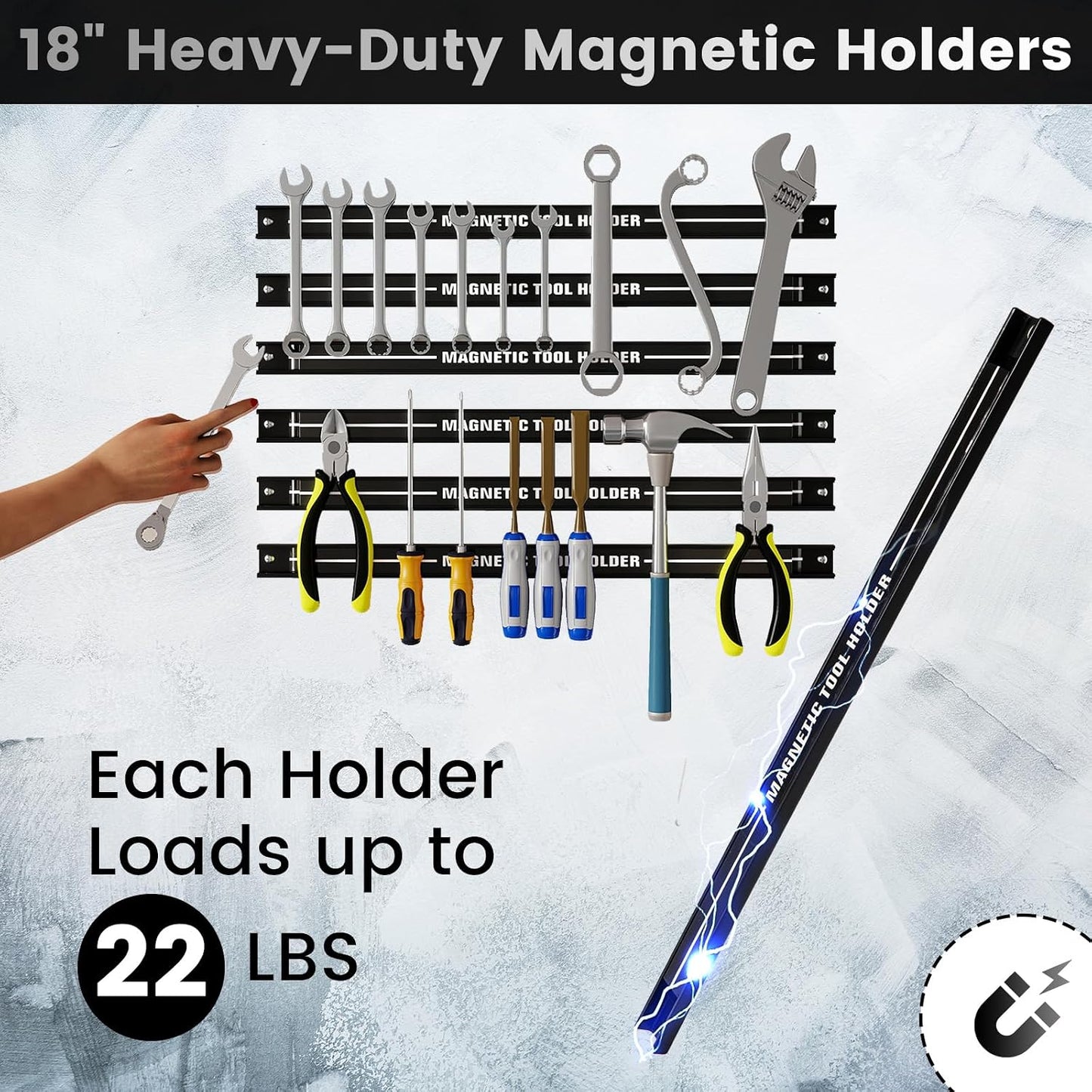 6PCS 18" Magnetic Tool Holder, Wall Mounted 176LBS Capacity Magnetic Tool Organizer, Heavy Duty Metal Tool Rack, Tool Magnet Bar, Magnetic Tool Holder Strip for Garage Workshop