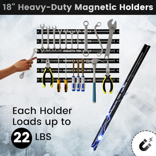 6PCS 18" Magnetic Tool Holder, Wall Mounted 176LBS Capacity Magnetic Tool Organizer, Heavy Duty Metal Tool Rack, Tool Magnet Bar, Magnetic Tool Holder Strip for Garage Workshop