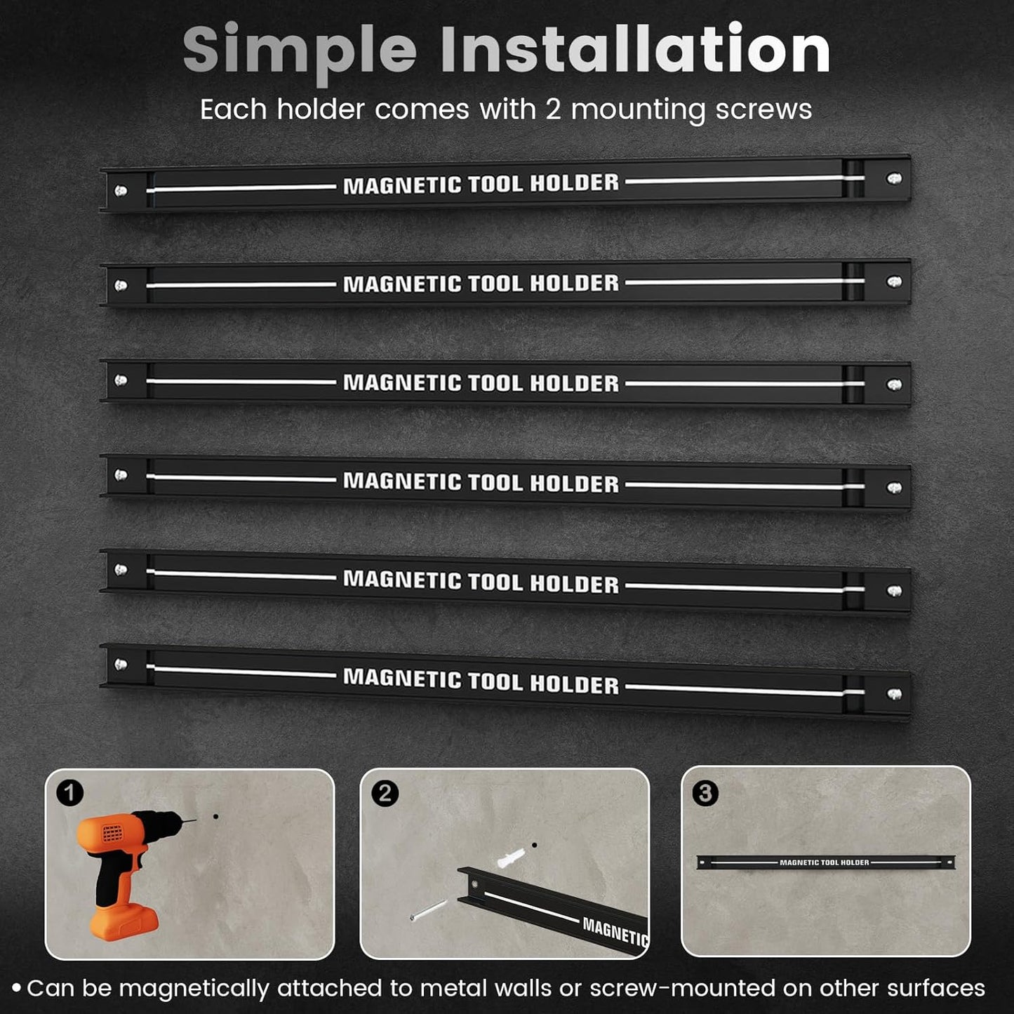 6PCS 18" Magnetic Tool Holder, Wall Mounted 176LBS Capacity Magnetic Tool Organizer, Heavy Duty Metal Tool Rack, Tool Magnet Bar, Magnetic Tool Holder Strip for Garage Workshop