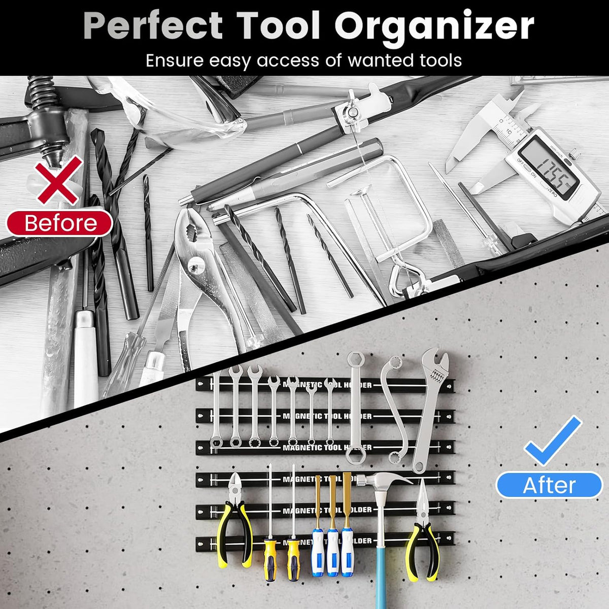 6PCS 18" Magnetic Tool Holder, Wall Mounted 176LBS Capacity Magnetic Tool Organizer, Heavy Duty Metal Tool Rack, Tool Magnet Bar, Magnetic Tool Holder Strip for Garage Workshop