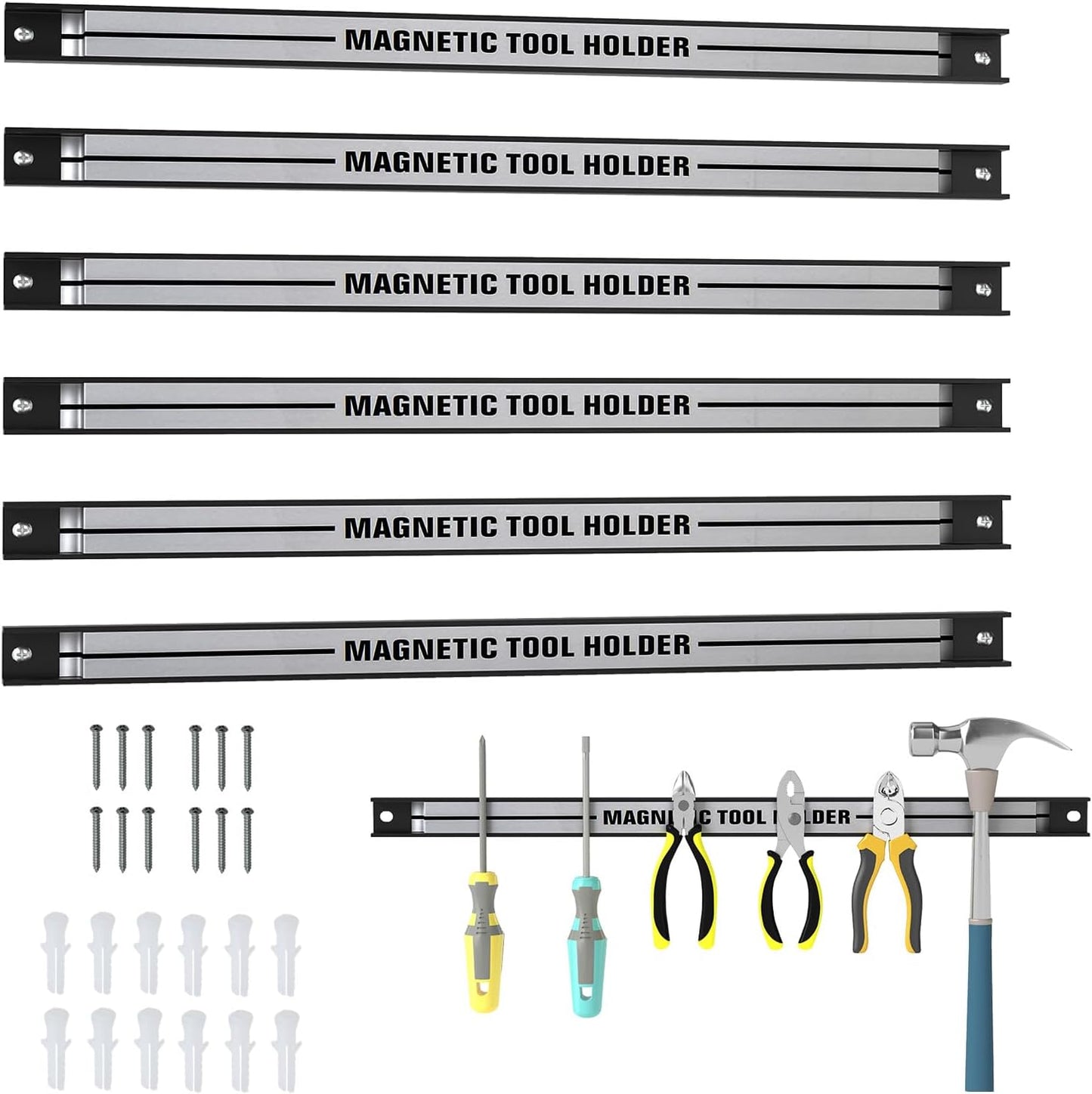 6PCS 18" Magnetic Tool Holder, Wall Mounted 176LBS Capacity Magnetic Tool Organizer, Heavy Duty Metal Tool Rack, Tool Magnet Bar, Magnetic Tool Holder Strip for Garage Workshop