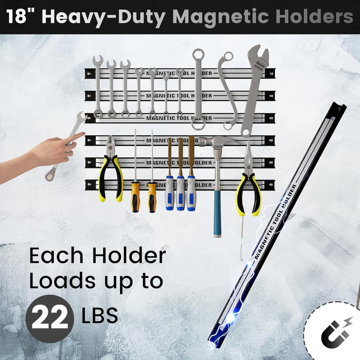 6PCS 18" Magnetic Tool Holder, Wall Mounted 176LBS Capacity Magnetic Tool Organizer, Heavy Duty Metal Tool Rack, Tool Magnet Bar, Magnetic Tool Holder Strip for Garage Workshop
