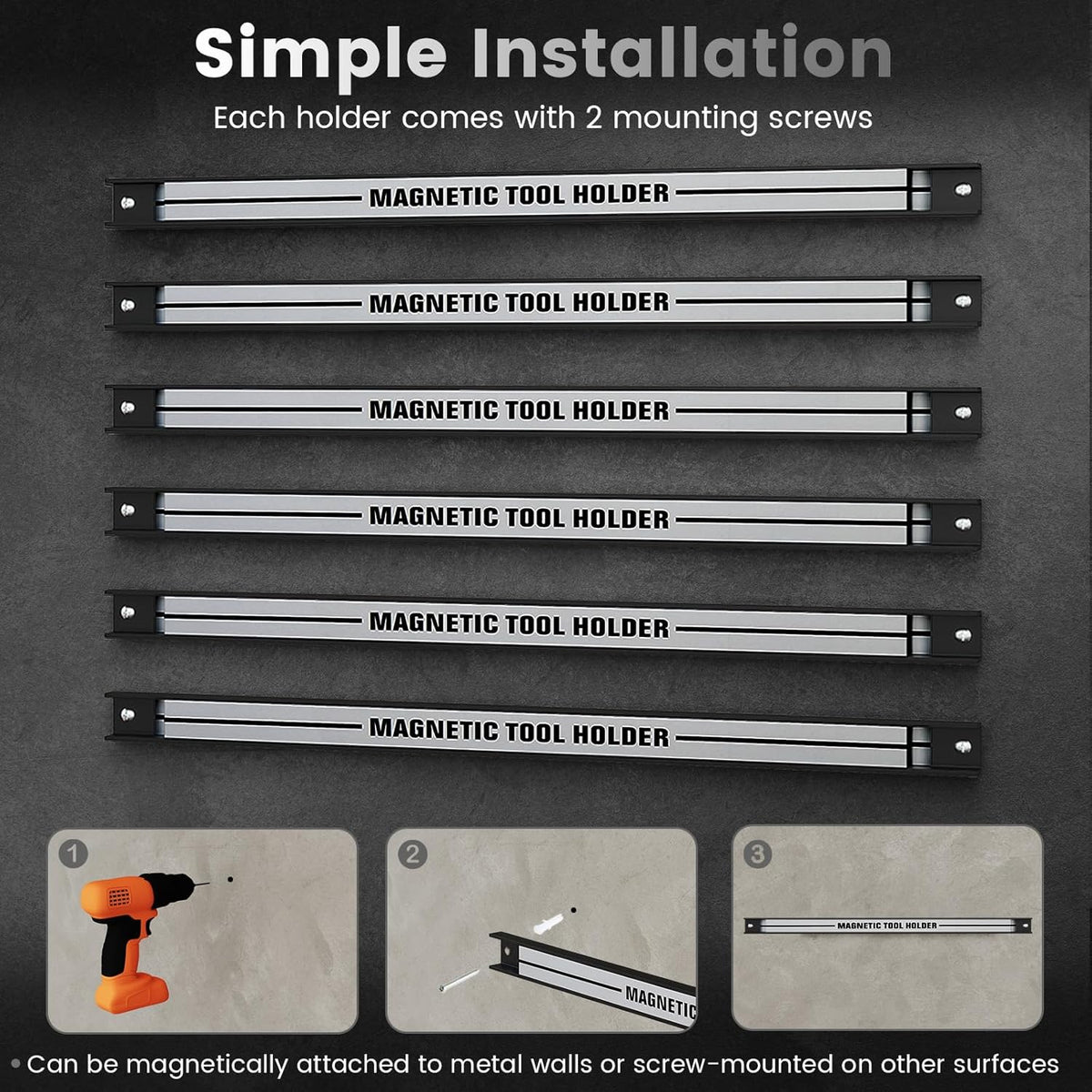 6PCS 18" Magnetic Tool Holder, Wall Mounted 176LBS Capacity Magnetic Tool Organizer, Heavy Duty Metal Tool Rack, Tool Magnet Bar, Magnetic Tool Holder Strip for Garage Workshop