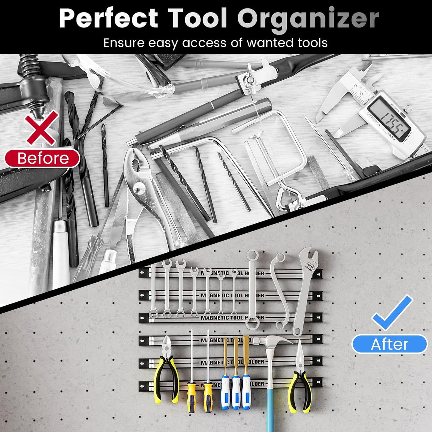 6PCS 18" Magnetic Tool Holder, Wall Mounted 176LBS Capacity Magnetic Tool Organizer, Heavy Duty Metal Tool Rack, Tool Magnet Bar, Magnetic Tool Holder Strip for Garage Workshop