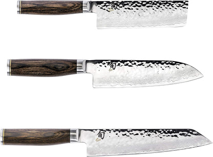 Premier 3 Piece Asian Flat Set | Includes 8" Kiritsuke, 7" Santoku and 5.5" Nakiri Knives, Handcrafted, Pakkawood Handle