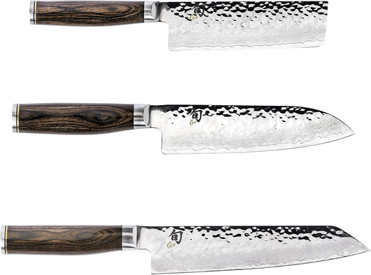Premier 3 Piece Asian Flat Set | Includes 8" Kiritsuke, 7" Santoku and 5.5" Nakiri Knives, Handcrafted, Pakkawood Handle