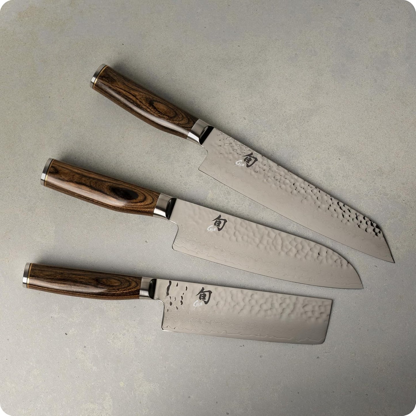 Premier 3 Piece Asian Flat Set | Includes 8" Kiritsuke, 7" Santoku and 5.5" Nakiri Knives, Handcrafted, Pakkawood Handle