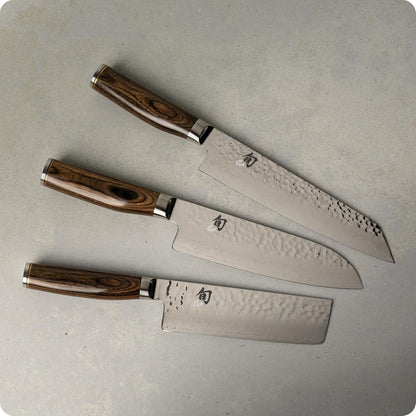 Premier 3 Piece Asian Flat Set | Includes 8" Kiritsuke, 7" Santoku and 5.5" Nakiri Knives, Handcrafted, Pakkawood Handle