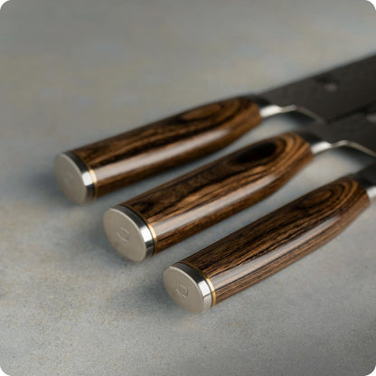 Premier 3 Piece Asian Flat Set | Includes 8" Kiritsuke, 7" Santoku and 5.5" Nakiri Knives, Handcrafted, Pakkawood Handle
