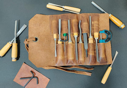 Leather Tool Roll Up Pouch - Leather Tool Wrench Roll/Chisel Bag