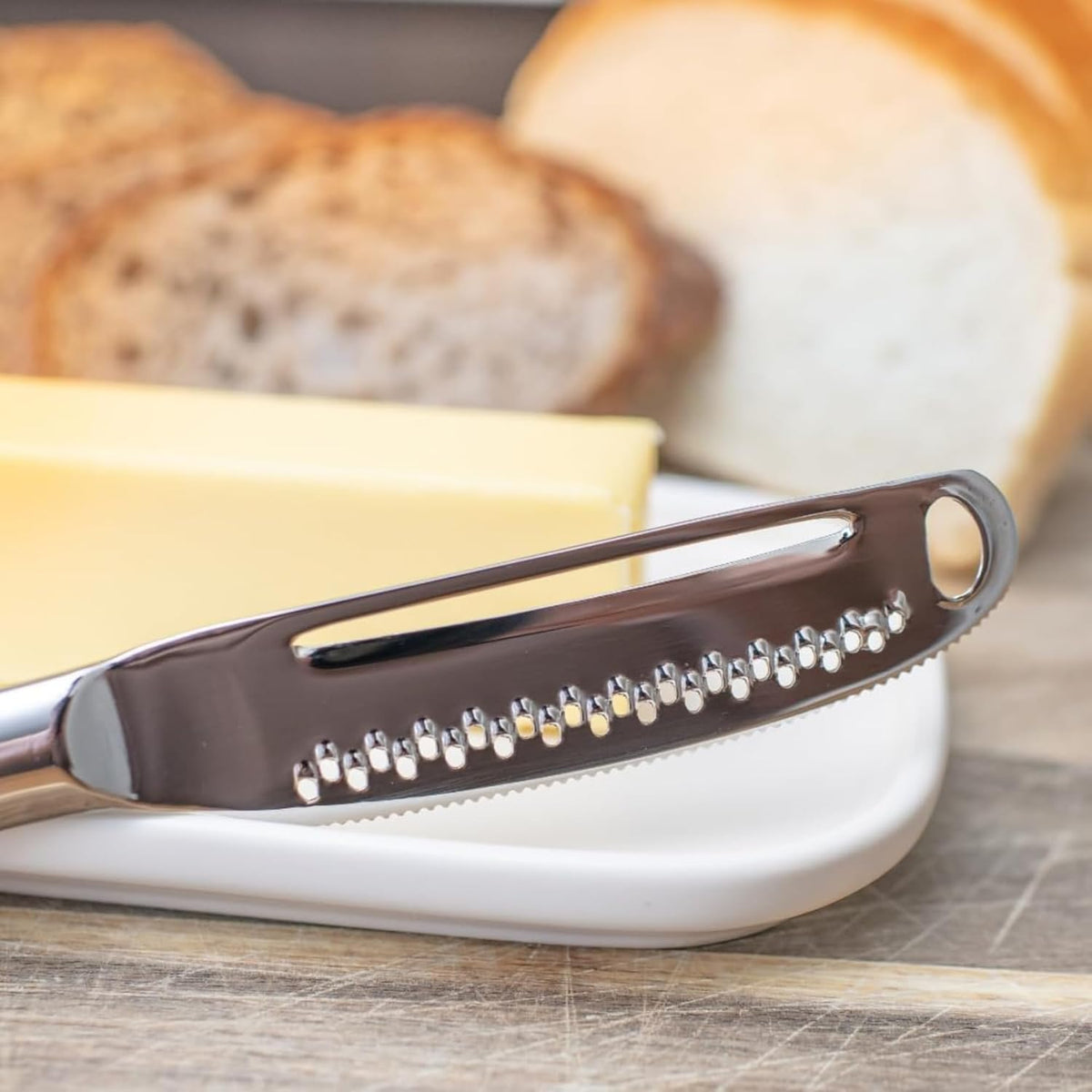 Ready Butter 3-in-1 18/10 Stainless Steel Butter Knife | 6-inch handle, serrated edge, grate and curl, spreads cold butter, dishwasher safe, rustproof, for home and restaurant