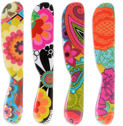 6" Melamine Butter Spreader 4-Piece Set-Designer Fun Vibrant Colorful Knives for Cream Cheese, Jam, Jelly, Mayo, Frosting, Sandwich-Shatterproof BPA Free Dishwasher Safe, 6-inch, Floral