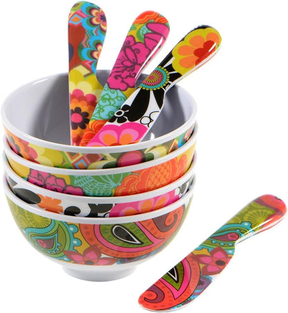 6" Melamine Butter Spreader 4-Piece Set-Designer Fun Vibrant Colorful Knives for Cream Cheese, Jam, Jelly, Mayo, Frosting, Sandwich-Shatterproof BPA Free Dishwasher Safe, 6-inch, Floral