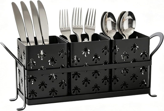 Silverware Caddy with Bee Design, 3 Compartment Metal Utensil Holder with Handles,Silverware Holder for Party Countertop, Kitchen, Outdoor, Cutlery Holder Organizer for Spoon Fork,Black