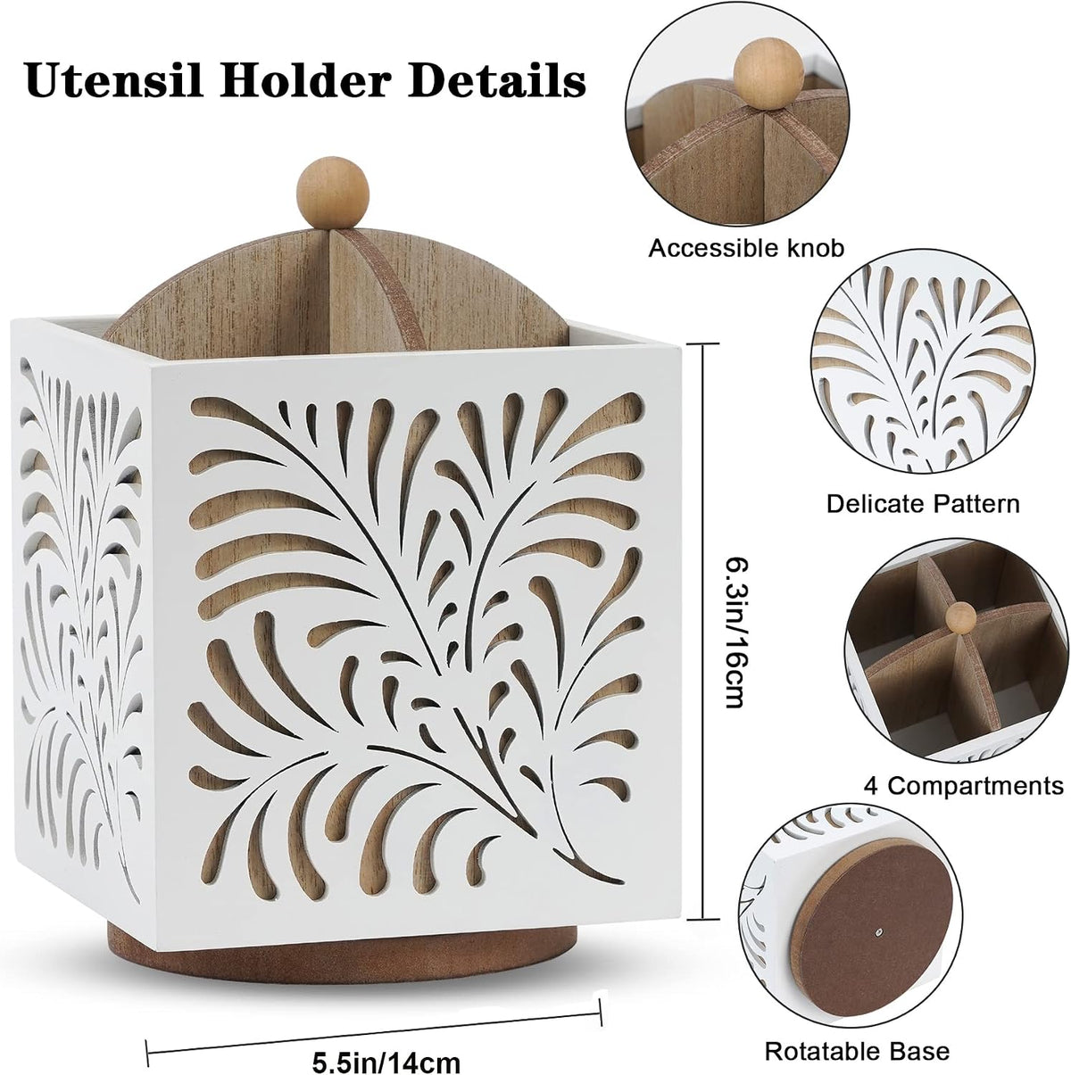 360° Rotating Wooden Utensil Holder Countertop Organizer 5.5"x6.3" | 360° rotating wooden countertop utensil holder organizer, cutlery caddy crock for spoons knives forks silverware 5.5"x6.3"