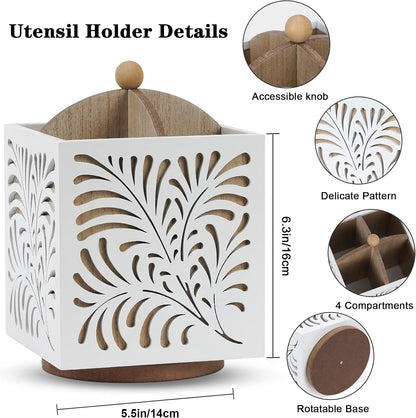 360° Rotating Wooden Utensil Holder Countertop Organizer 5.5"x6.3" | 360° rotating wooden countertop utensil holder organizer, cutlery caddy crock for spoons knives forks silverware 5.5"x6.3"