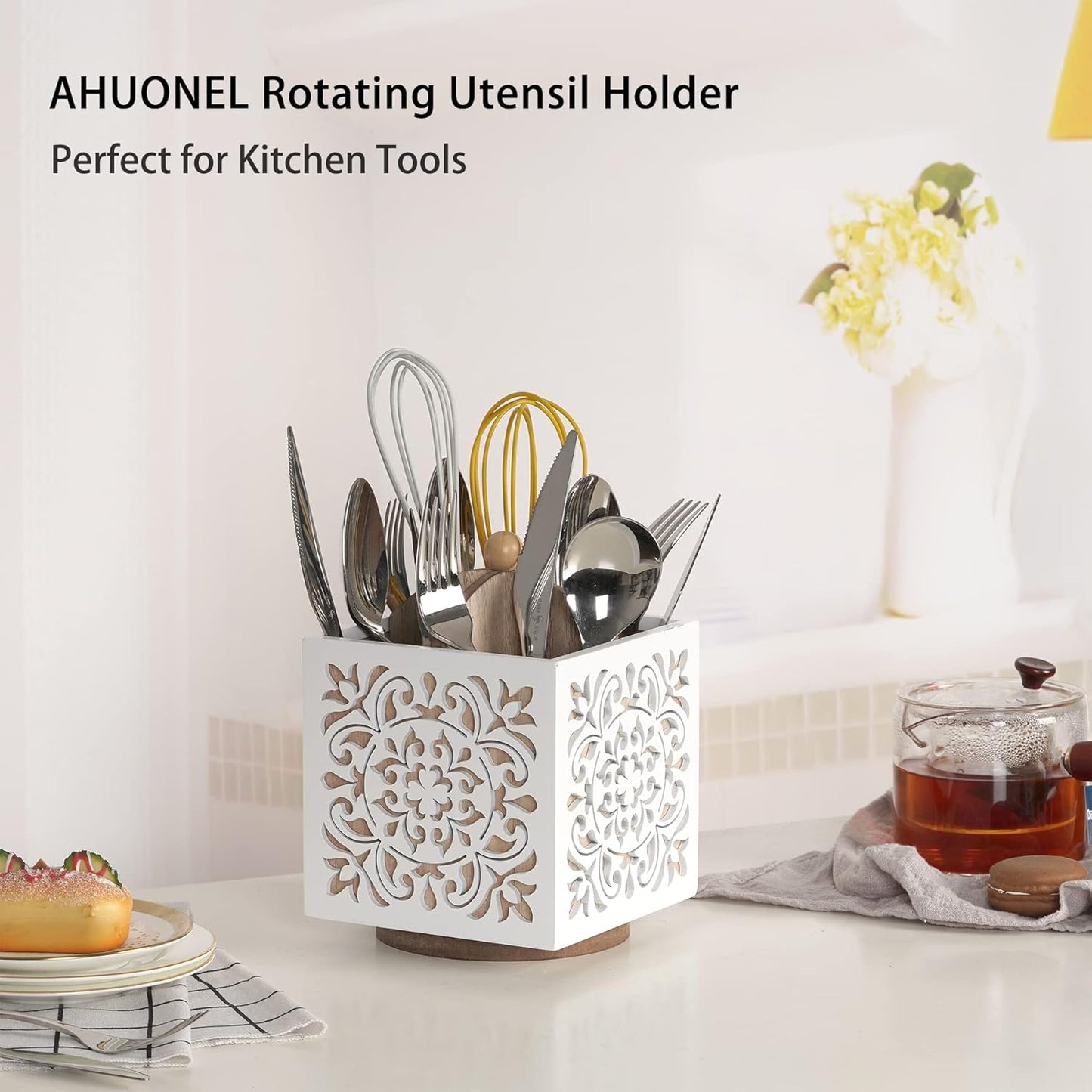 360° Rotating Wooden Utensil Holder Countertop Organizer 5.5"x6.3" | 360° rotating wooden countertop utensil holder organizer, cutlery caddy crock for spoons knives forks silverware 5.5"x6.3"