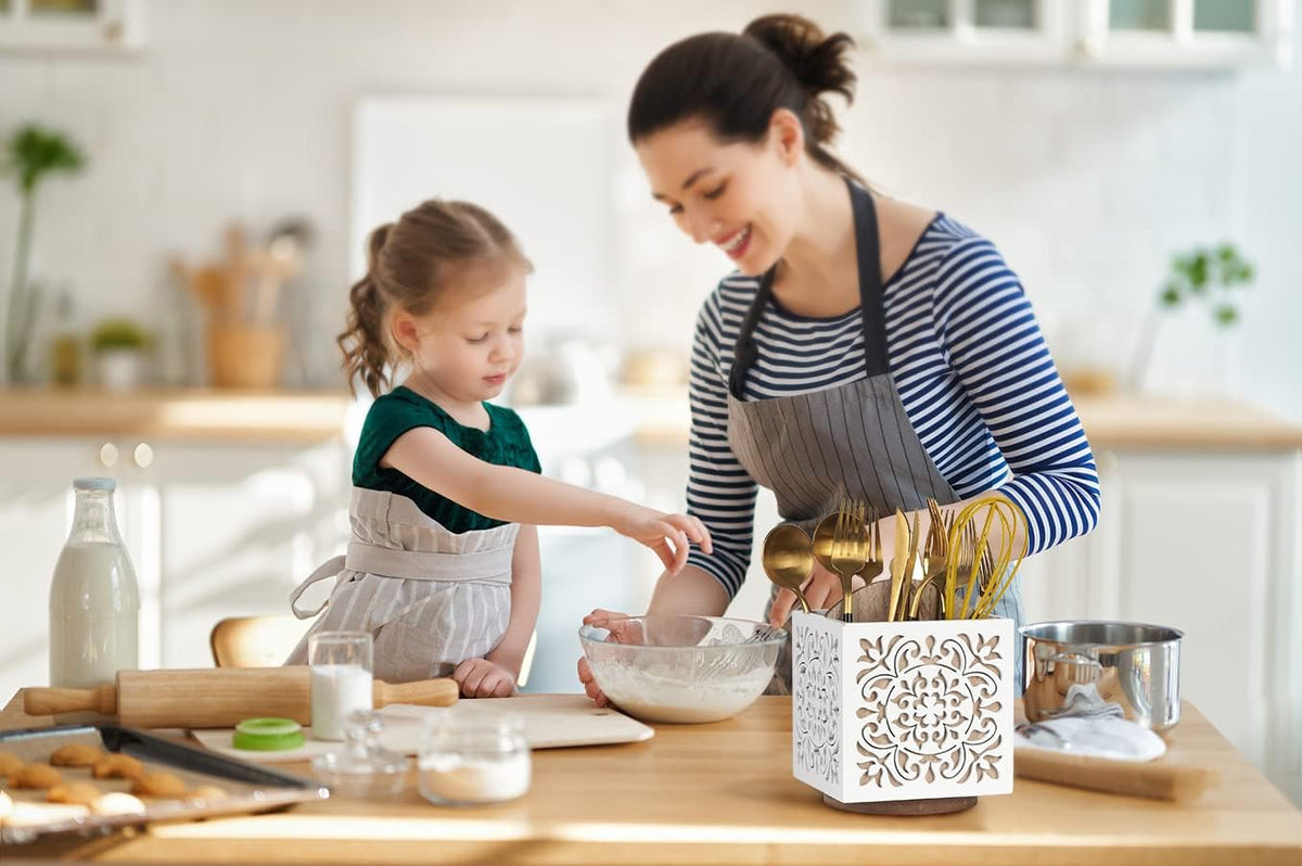 360° Rotating Wooden Utensil Holder Countertop Organizer 5.5"x6.3" | 360° rotating wooden countertop utensil holder organizer, cutlery caddy crock for spoons knives forks silverware 5.5"x6.3"