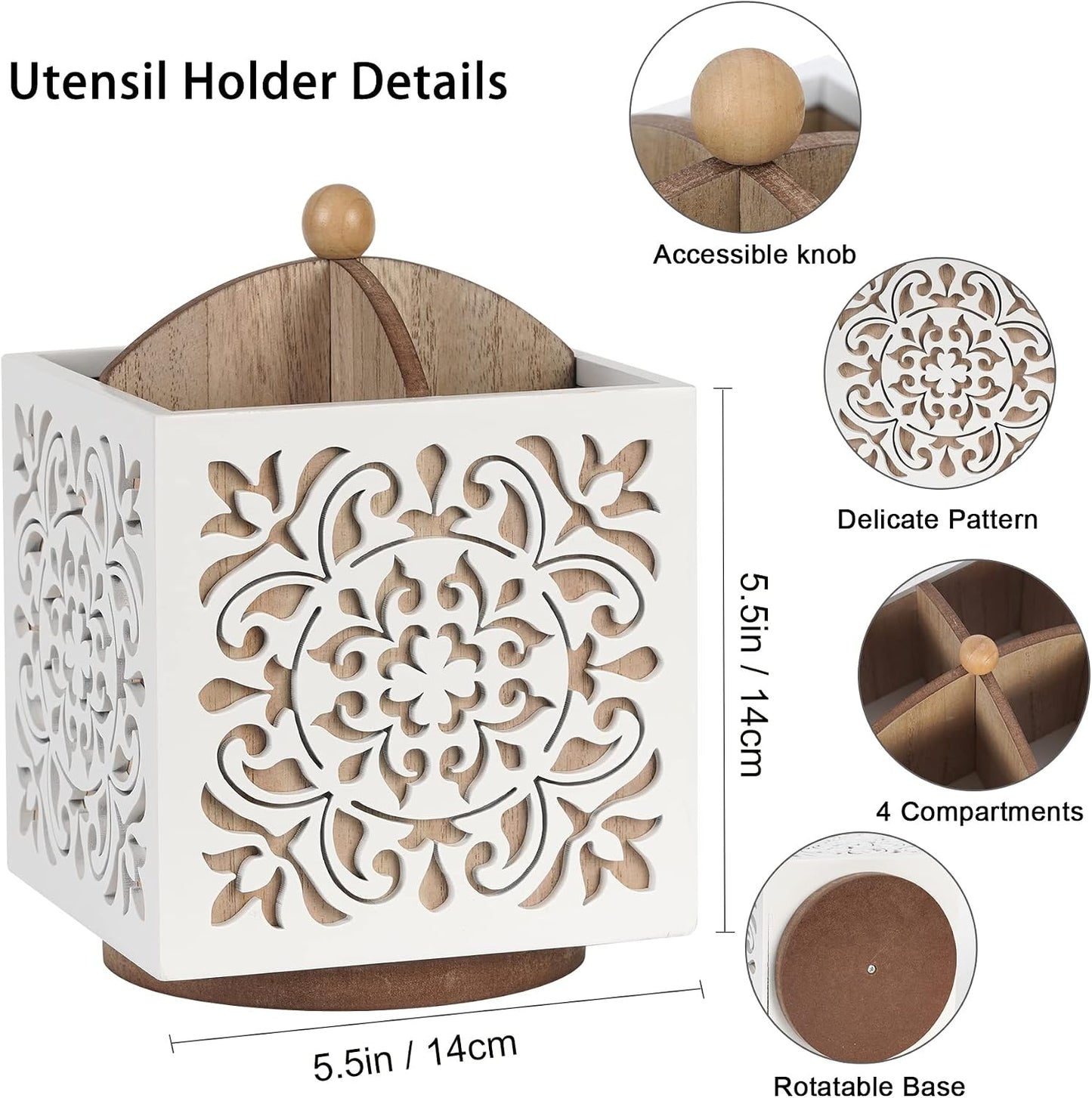 360° Rotating Wooden Utensil Holder Countertop Organizer 5.5"x6.3" | 360° rotating wooden countertop utensil holder organizer, cutlery caddy crock for spoons knives forks silverware 5.5"x6.3"
