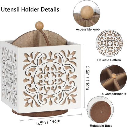 360° Rotating Wooden Utensil Holder Countertop Organizer 5.5"x6.3" | 360° rotating wooden countertop utensil holder organizer, cutlery caddy crock for spoons knives forks silverware 5.5"x6.3"