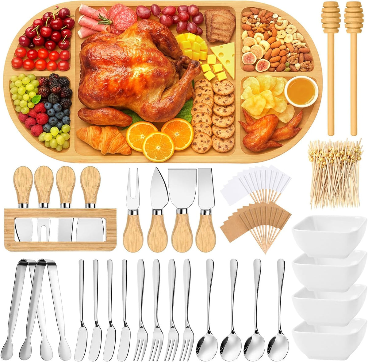 Charcuterie Boards Gift Set Large Bamboo Cheese Board with Ceramic Dip Bowl, Butter Knives Set Kit, Mini Tongs, Spoons, Forks, Honey Sticks, Cocktail Picks for Entertaining Gift for Christmas