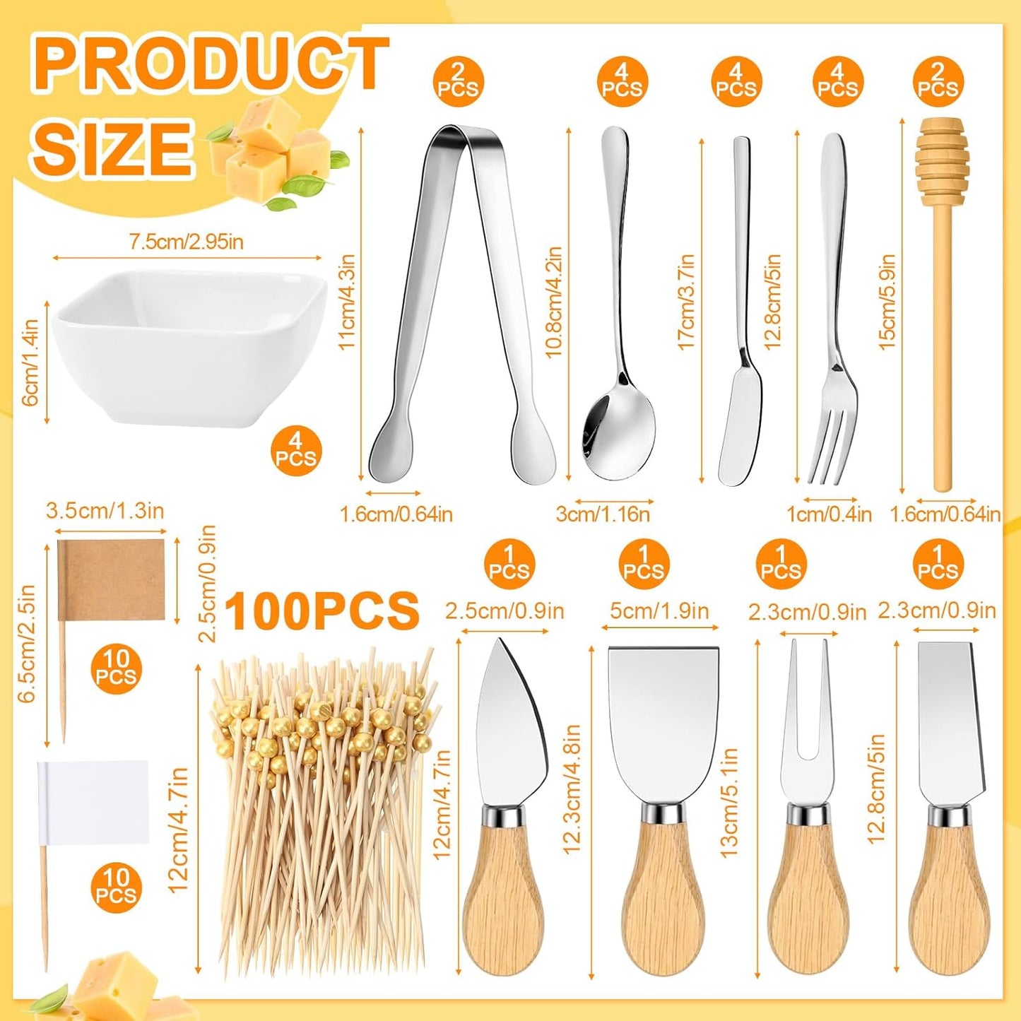 Charcuterie Boards Gift Set Large Bamboo Cheese Board with Ceramic Dip Bowl, Butter Knives Set Kit, Mini Tongs, Spoons, Forks, Honey Sticks, Cocktail Picks for Entertaining Gift for Christmas